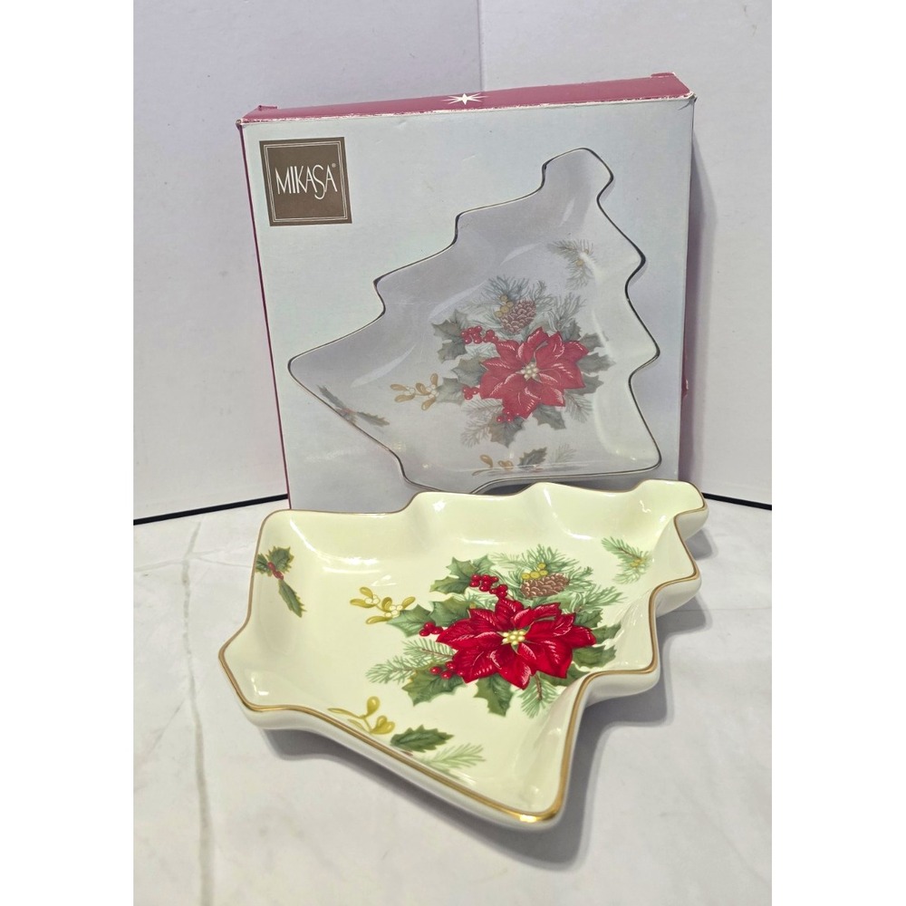 Mikasa Holiday Bloom Tree Poinsettia Candy Dish 8" Bone China Boxed